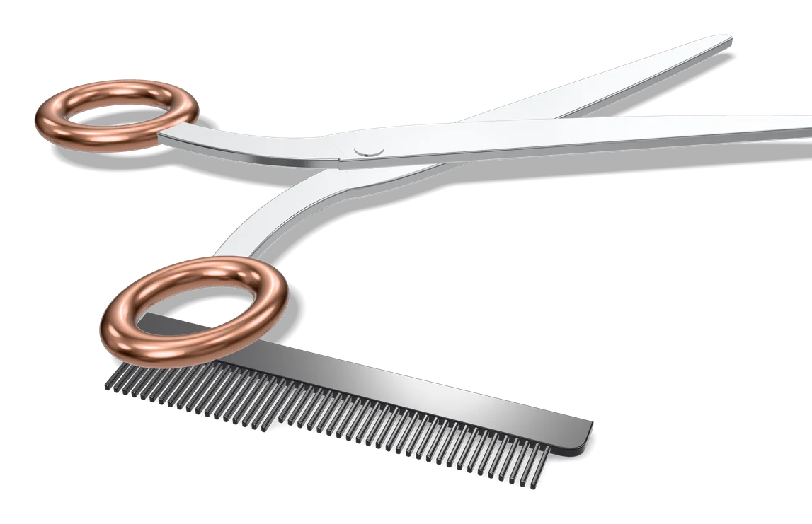 Friseurschere mit roségoldenen Griffen und Kamm, 3D-Illustration